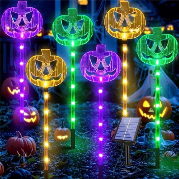 6 Pack Solar Pumpkin Stake Lights for Halloween Decorations Outdoor, Waterproof - Picture 1 of 8
